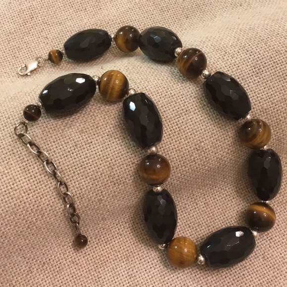 Tigers Eye & Black Bead Necklace Sterling Clasp - Picture 1 of 8